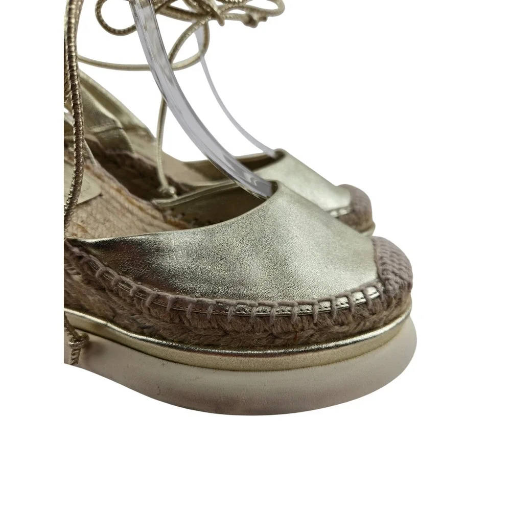 Paloma Barcelo Gold Leather Lace Up Platform Wedge Espadrilles EU 38 US 7.5